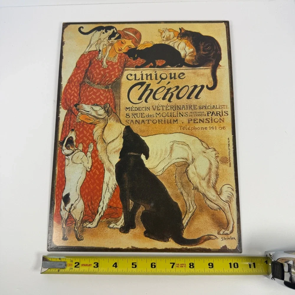 Vintage Clinique Cheron Metal Sign Steinlen French Cat Dog Art Nouveau Decor